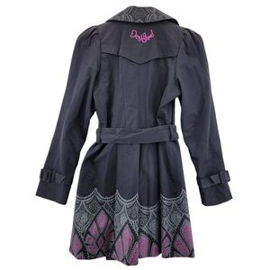 Desigual Trench Coat Double Breasted Black Pink Purple Geometric Size 4 XS